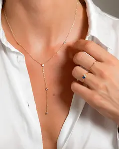 Diamond Lariat Necklace | 14k Gold Diamond Necklace | Bezel Diamond Statement | Y Necklace | Minimalist Elegant Diamond | Layering Necklace