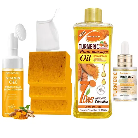 AMOCOCO 4-Piece 4-Step Alcohol-Free 200ml Turmeric Cleanser Kit for Adults - Daily Selfcare Set with Massage Oil, Cleansing Mousse, Facial Essential Oil, Skin Repair Bar Soap for Soothing Care