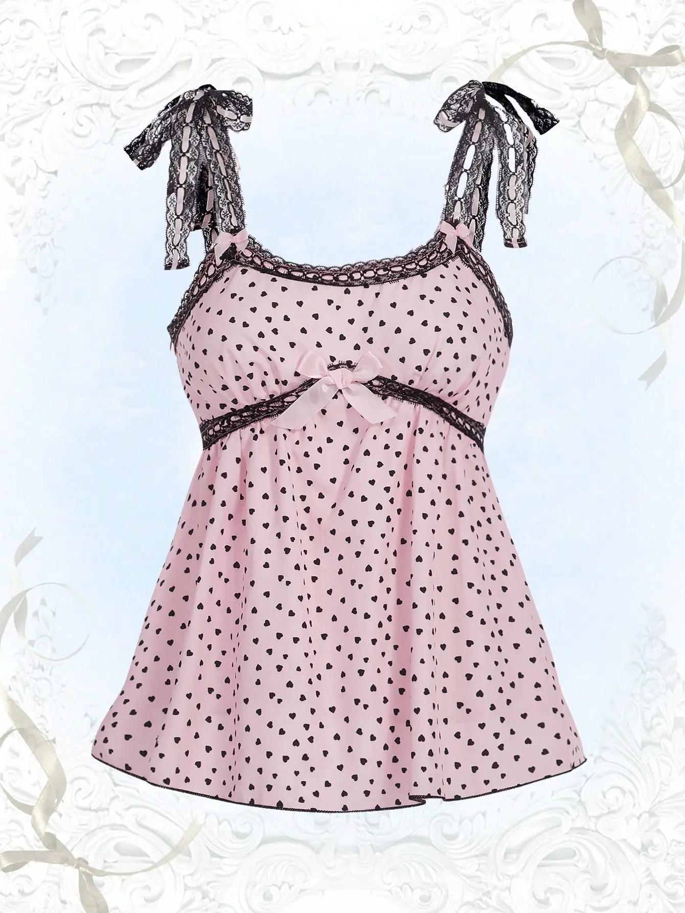 Kawaii Women's Heart Print Tie Strap Babydoll Cami Top, Y2K Cute Sleeveless Crop Tank, Coquette Fairycore Summer School Going Out Top