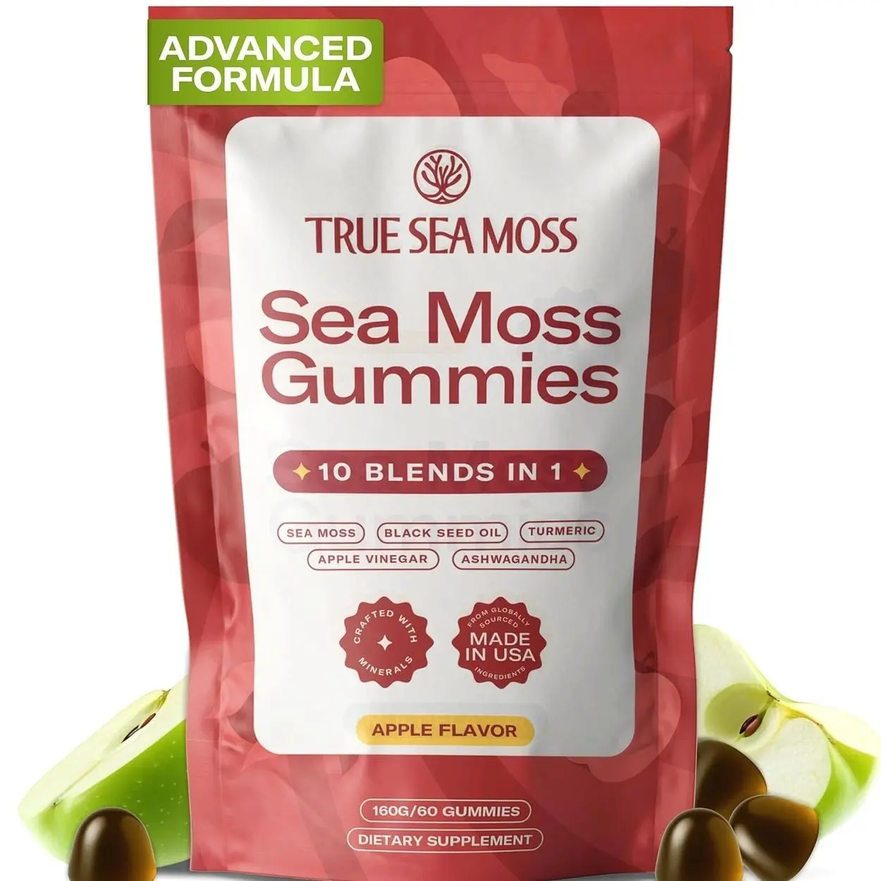 TrueSeaMoss Sea Moss & Apple Cider Vinegar Gummies – 10-in-1 Blend with Black Seed Oil, Ashwagandha, Turmeric, Burdock Root & Bladderwrack – 60 Gummies