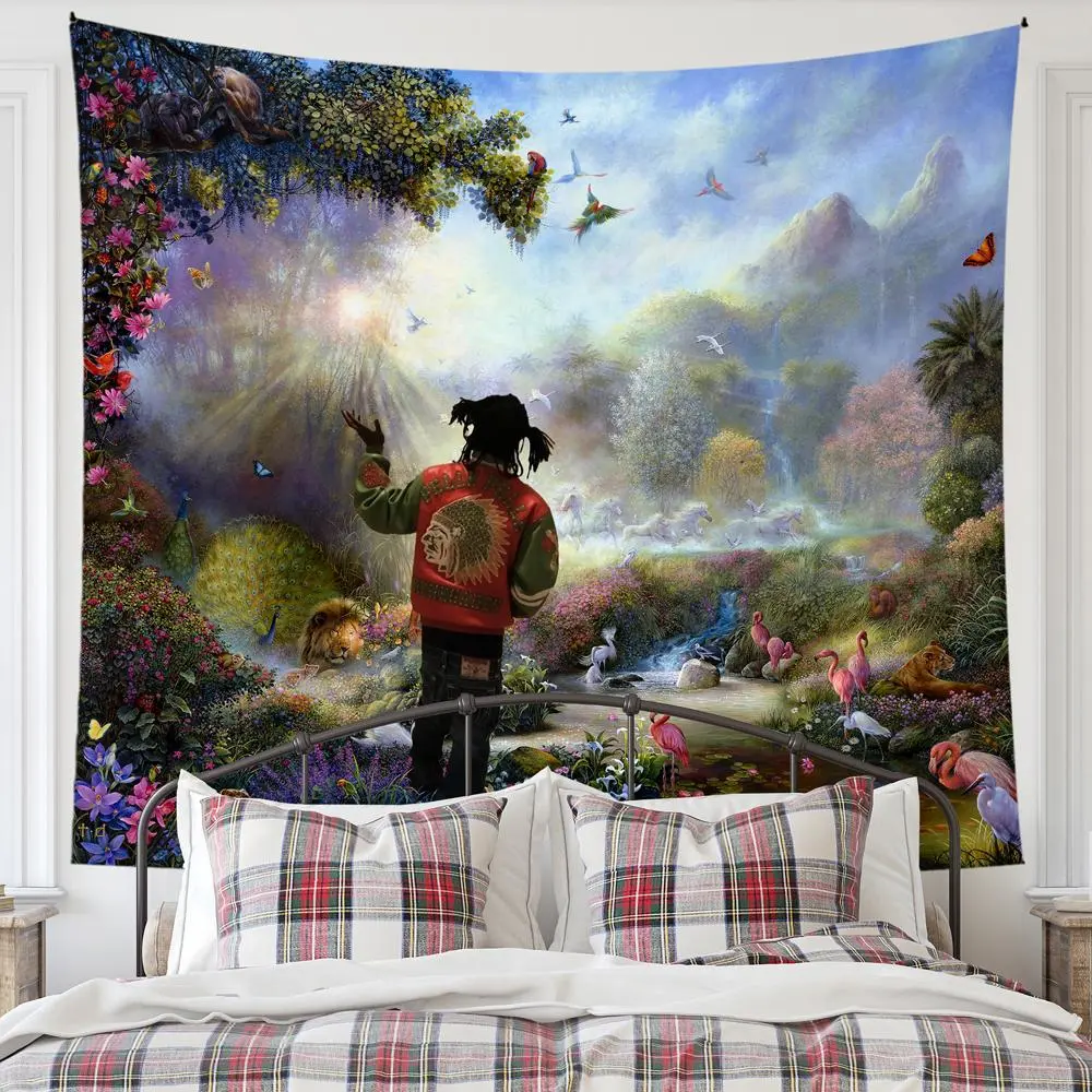 Rapper in The Garden Of Eden Pattern Tapestry, 1 Count Wall Hanging Tapestry for Bedroom Living Room Dormitory Decoration, Boho Floral Design Wall Decoration, Home Decor, Boho Shabby Chic, Tapestry Wall Mural