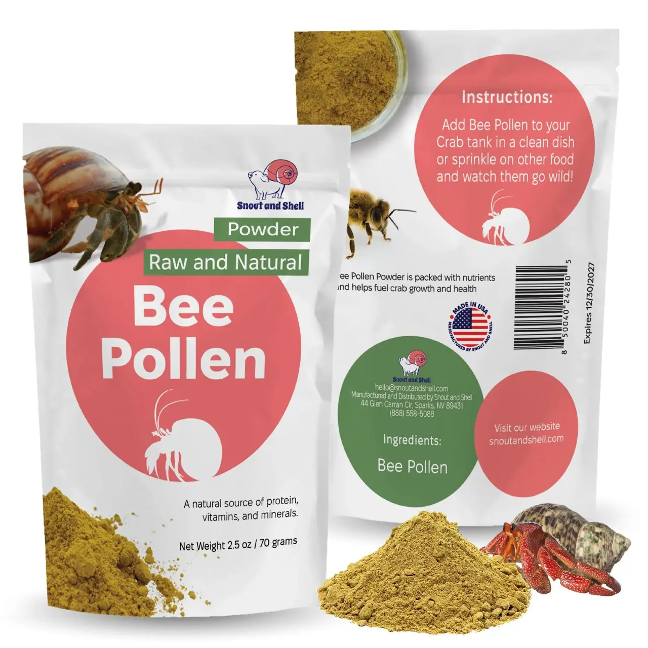 Snout and Shell Bee Pollen Powder for Hermit Crabs Natural Nutrition Supplement 2.5 oz Raw and Natural Essential Nutrients