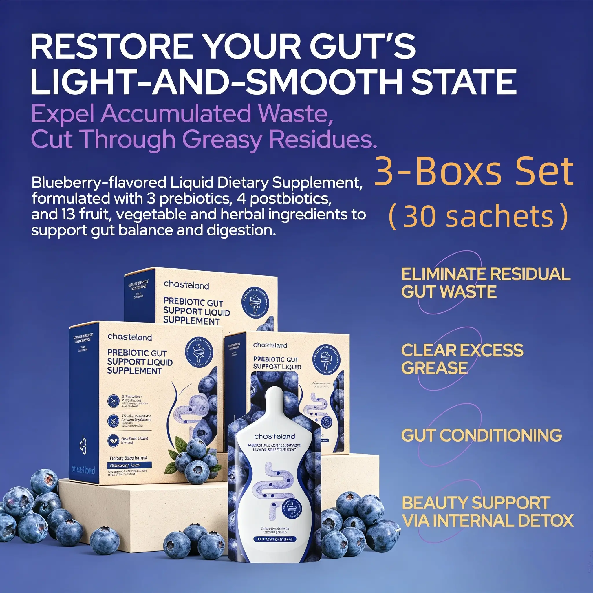3-Box Set Prebiotic + Postbiotic Liquid Gut Detox – 13 Fruit & Veggie Fibers, No Laxatives, Blueberry Sachets for Debloating & Digestive Balance