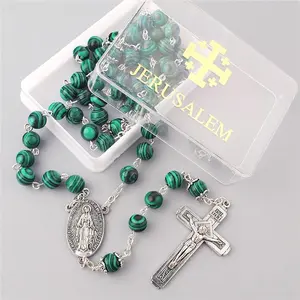Catholic Jerusalem Rosary Necklace Malachite beads Miraculous Medal and Cross