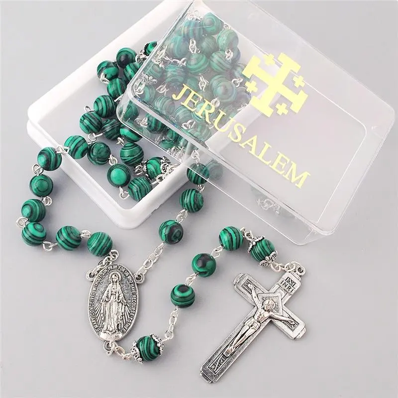 Catholic Jerusalem Rosary Necklace Malachite beads Miraculous Medal and Cross