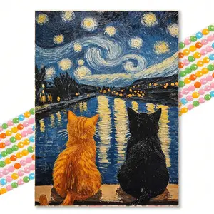 5D Full Drill Van Gogh Starry Night Cat Diamond Painting Kit, Vintage Oil Painting Style, Twin Cats DIY Round Drills 30x40cm