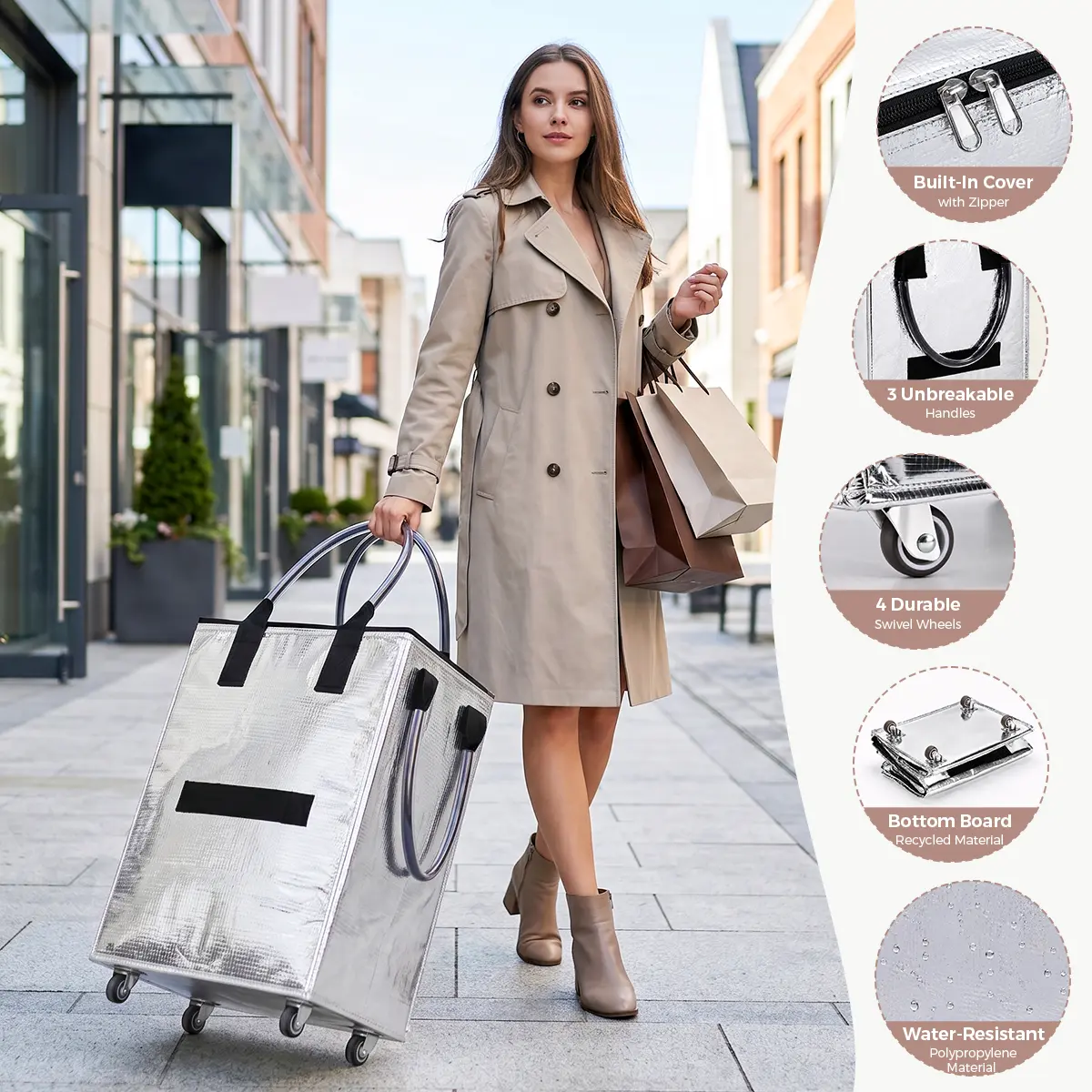 Reusable Wheeled Grocery Bag, Shopping Trolley Bag, Rolling Tote Bag with Zipper Closure, Lightweight, Heavy-Duty Handles, Foldable Flat Design, Supports Up to 30kg Load, Ideal for Shopping, Camping, Storage & Moving(Medium, silver)