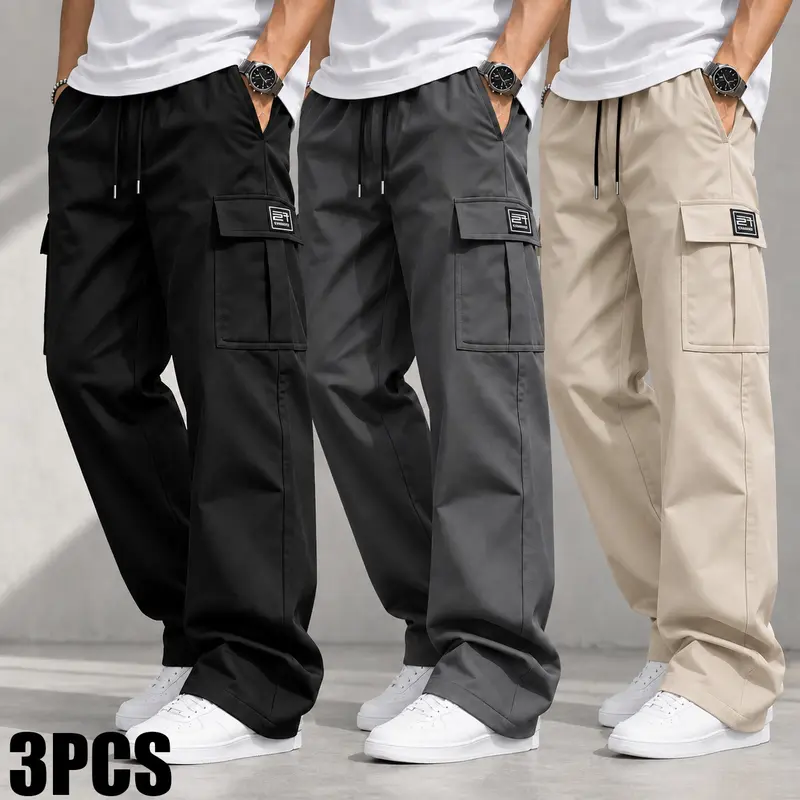 3-pack men’s cargo pants, solid-color casual loose work trousers, comfortable outdoor training pants, multi-color-ideal for casual daily wear, light outdoor activities, work, hiking and camping,wide,leg,fit