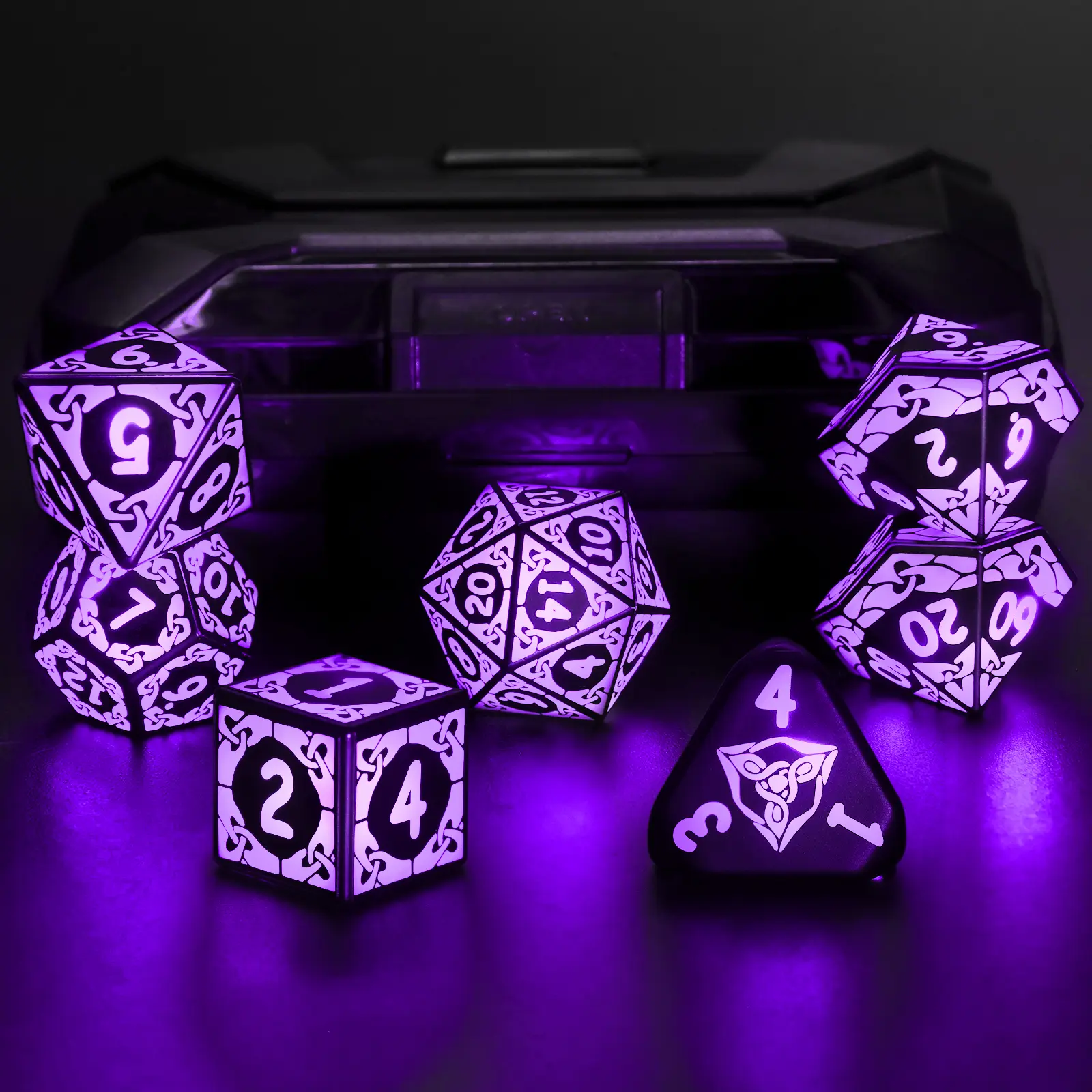 ZHOORQI Rechargeable Battery LED Light Up Glowing Polyhedral Dice Set with Charging Box, Purple Shackles Design, for Dungeons and Dragons (DND) Role-Playing Game, Birthdays Gifts