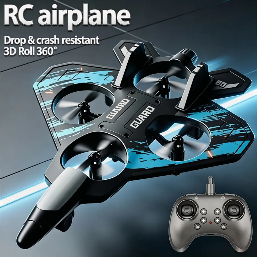 RC Fighter Glider Quadcopter Drone, Foam Aircraft with Remote & Gravity Induction, Auto Rotation & Hover, Indoor Outdoor RC Toy