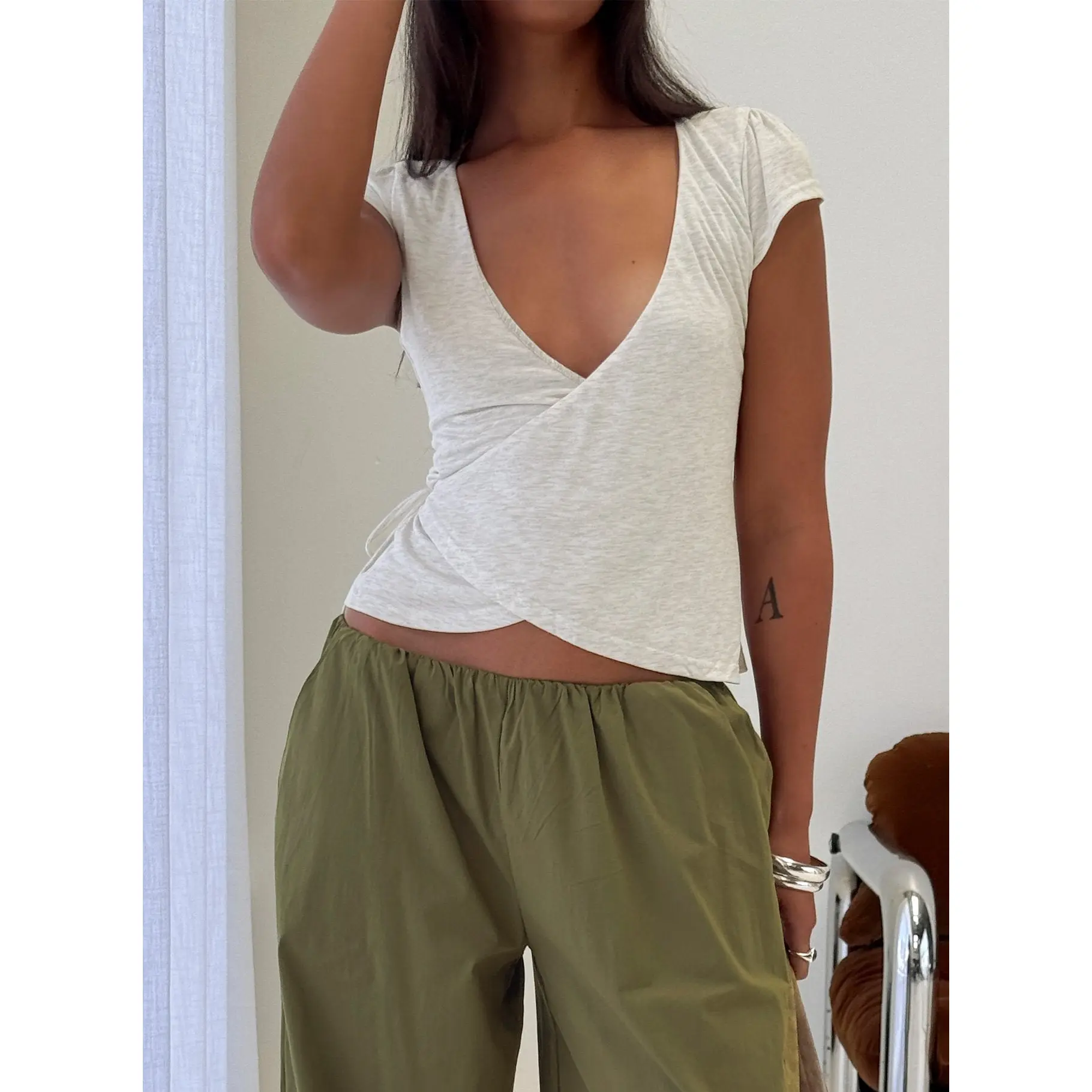 Stefanee Short Sleeve Wrap Top Light Grey Marle