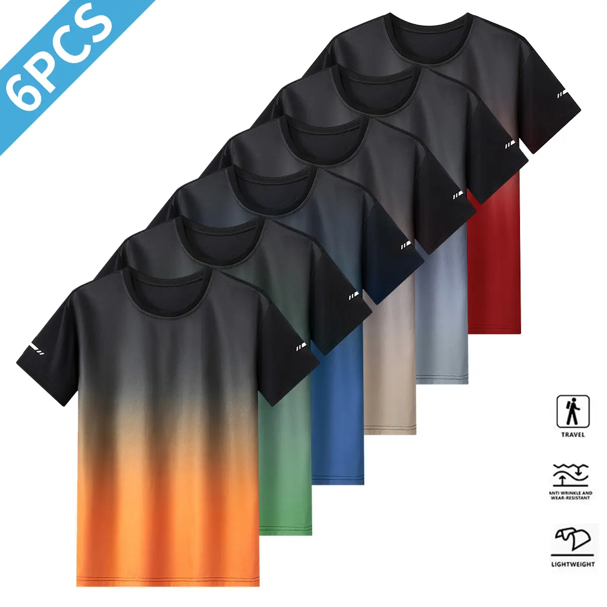 Men’s 6-Piece Fitness Crew Neck T-Shirt Set – Stylish gradient design suitable for everyday wear, casual outings, perfect for gym workouts, running, and outdoor activities Men’s 6-Piece Fitness Crew Neck T-Shirt Set – Stylish gradient design suitable for everyday wear, casual outings, perfect for gym workouts, running, and outdoor activities