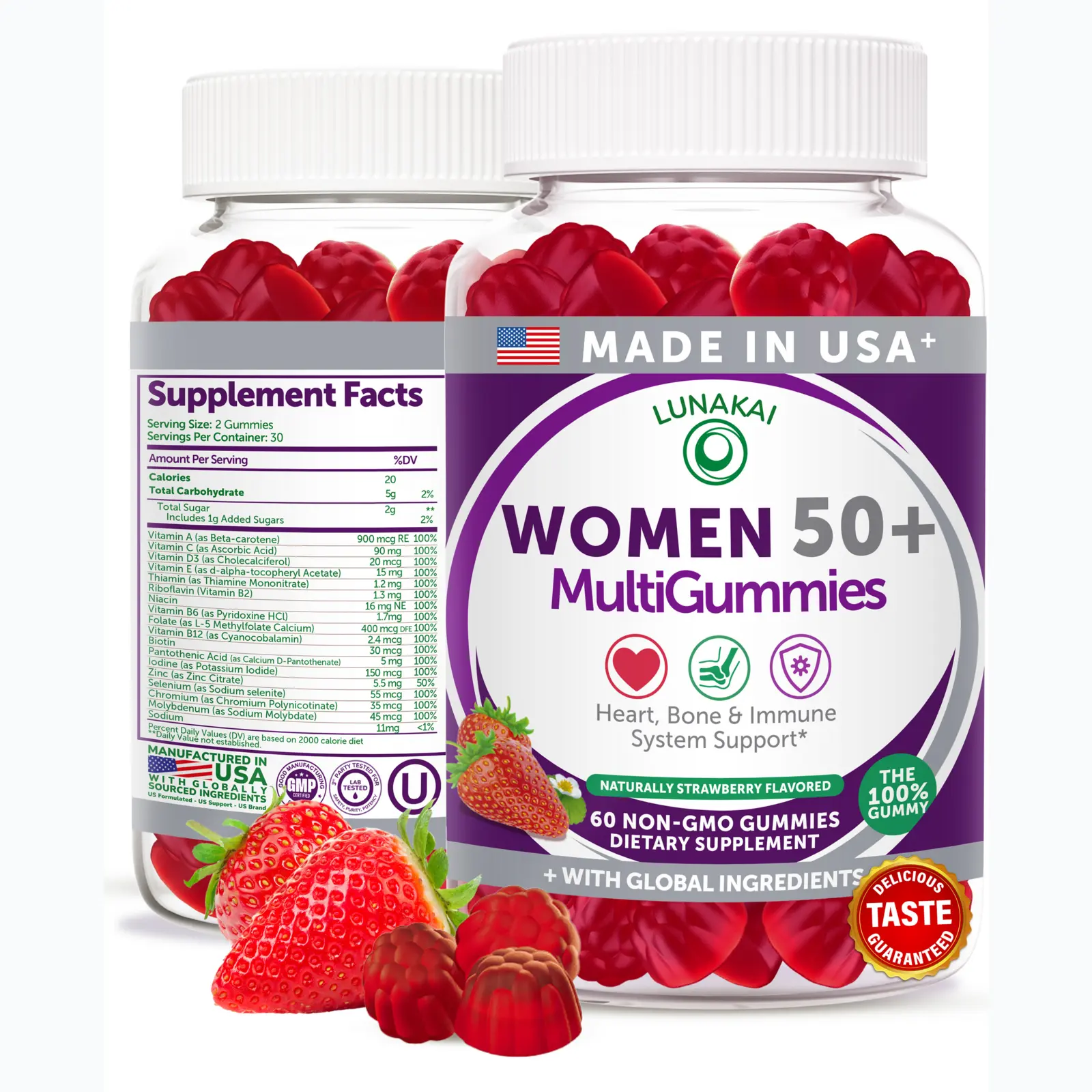 Lunakai USA Made 50 Plus Women's Multivitamin Gummies - Delicious Formula Enhanced with Essential Vitamins & Minerals for Health & Vitality - 60ct