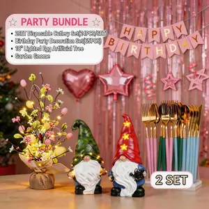 Ultimate Birthday Party Bundle: Gnomes & 65PCS Party Decor Set & 2Set * 24PCS Disposable Cutlery & 18" Lighted Easter Egg Tree Floral Gift Light Boho Fragrance Flower
