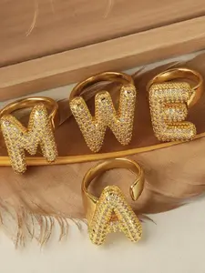 18K Gold Plated A-Z 26 Letters Alphabet Initial Copper Shiny Zircon Chunky Open Adjustable Rings Trendy Bubble Finger