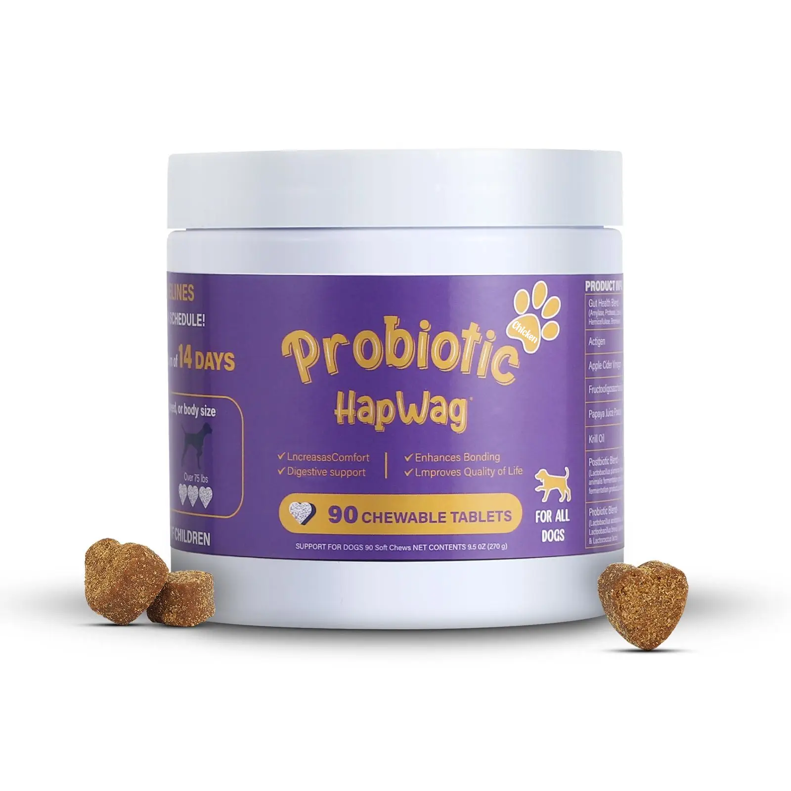 HAPWAG 8-in-1 Multivitamin Soft chews for Dogs- Probiotics, Gut & lmmune Suppor - Chicken Flavor - 90 Treats