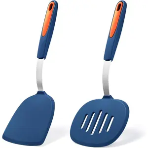 2 Pieces Silicone Spatula Set, Non-Stick Turner Spatulas, Heat Resistant Silicone Cooking Flipper for Eggs, Fish, Pancakes, Navy Blue