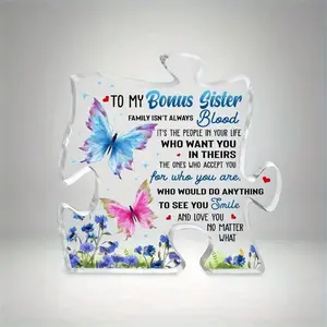 To My Bonus Sister - Puzzle Acrylic Plaque with Floral Design | Unique Gift from Siblings for Birthday & Appreciation (Multicolor Room Decor)