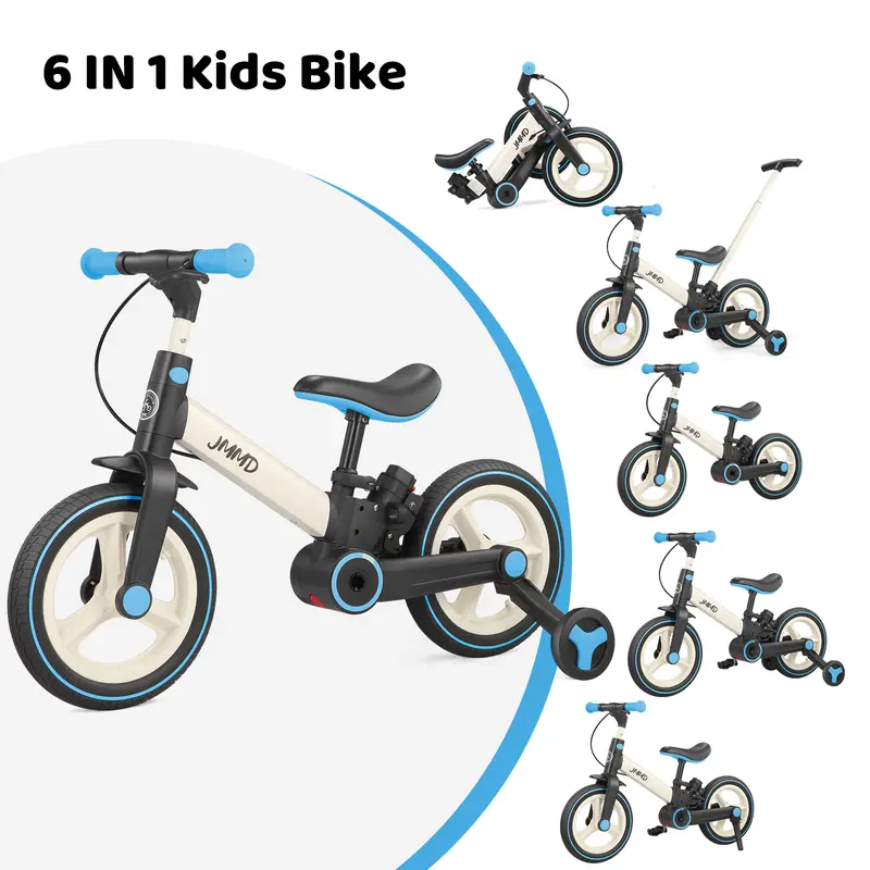 【ChristmasGifts】JMMD Durable 6-in-1 Multi-Functional Toddler 3-Wheel Balance Bike for 18-60M Unisex Babies, Kids Outdoor Play Toy with Training Wheels, Pedals, Push Handle, Brakes, Kickstand, Child Powered Pedal-Powered Bike,familyfun