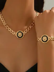 Vintage Lion Head Necklace Bracelet Set for Men Women - 2Pcs Ancient Gold Animal Jewelry Set, Bold Statement Lion Pendant Necklace & Matching Curb Chain Bracelet, Retro Casual Stylish Accessory for Daily Wear - Perfect Mother's Day, Father's Day
