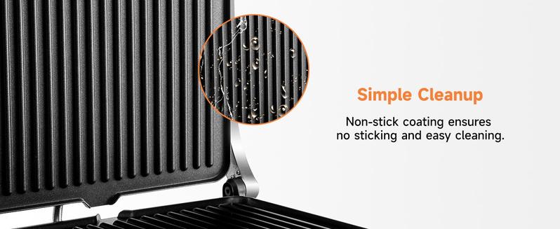 SUSTEAS Electric Indoor Grill & Panini Press – Non-Stick Griddle Steaks Maker with Floating Hinge, Grease Tray & 180° Cooking
