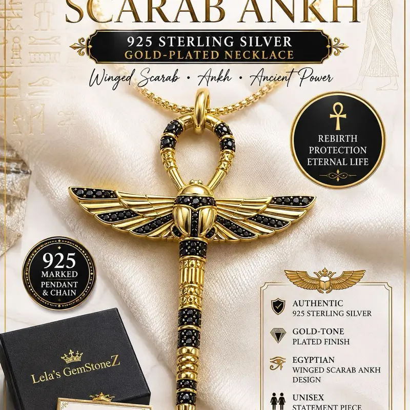 Lela's GemStoneZ Imperial Scarab Ankh Jewellery Pendant, Gold-Plated 925 Sterling Silver Winged Scarab Statement Jewelry with Black Accents, 925-Marked Metallic Chain