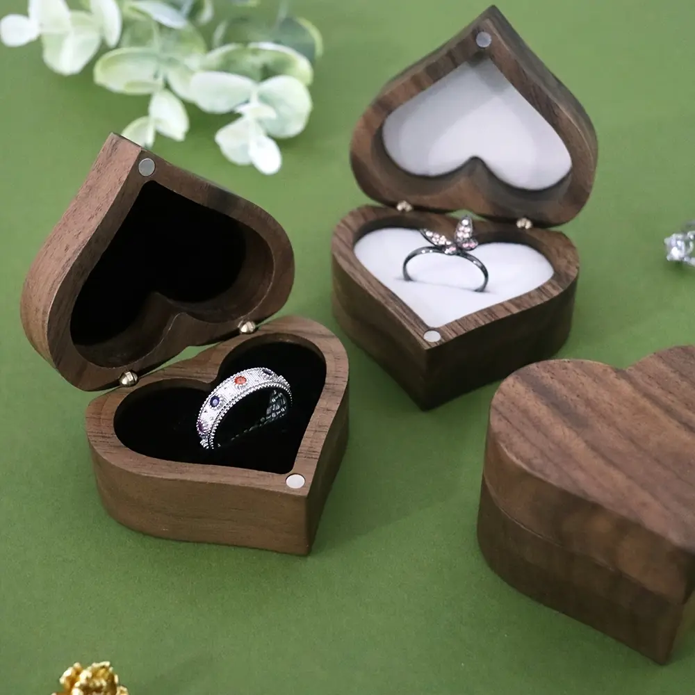 #JY Black Walnut Heart-Shaped Proposal Ring Box – Solid Wood Box for Engagement Rings or Matching Bands; Suitable for Storing Diamond Rings, Jewelry, and Stud Earrings; Gift Packaging Box