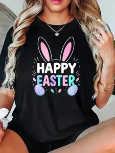 Women Casual T Shirt Black Happy Easter Bunny Ears And Eggs Print