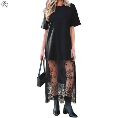 Arssm Women’s Oversized T-Shirt Maxi Dress – Black Lace Hem Sheer Drop Shoulder Short Sleeve Dress for Street Style & Casual Summer Outfits