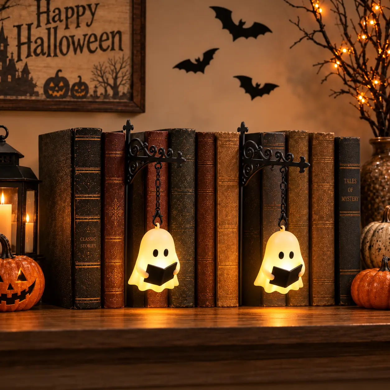 Halloween Bookshelf Lantern Ghost  Decor 2026 - Fable Lantern with Warm Glow - Bookshelf Lamp Decorative Indoor Ghost Decor Lamp - Cord-Free Battery Book Shelf Light - Mini Library Hanging Lights for Dark Academia, Halloween Decorations