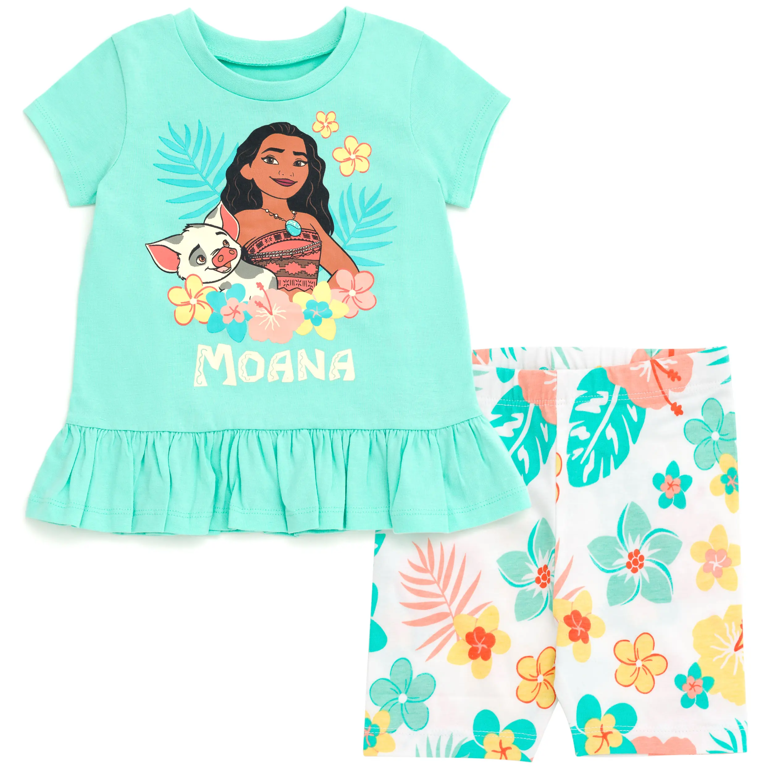 Disney Moana Girls' 2-Piece Outfit Set, Soft Cotton Short Sleeve Graphic T-Shirt with Ruffled Hem and Printed Bike Shorts for Baby & Kids, Short Sleeve Tops, Yes