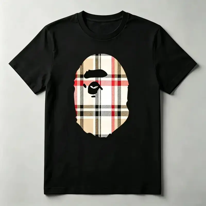 HOT TREND Tee Short Sleeve Crew Neck Casual Summer T-Shirt with Iconic Ape Head Design and Plaid Pattern