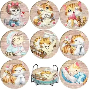 8-piece/set diamond painting coaster set with animal cat pattern coasters (with stand) - DIY diamond art craft kit for home decoration, suitable for beginners, diamond kit craft supplies, artificial diamond art craft supplies, gift