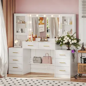 58.3” Vanity Desk with Mirror and Replaceable Lights & Charging Station, Bedroom Dressing Table Large Vanity Set with 8 Drawers 2 Cabinets, Makeup Vanity Without Stool