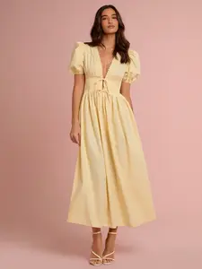 Women's Romantic Butter Yellow Lace Maxi Dress | Deep V-Neck Puff Sleeve Summer Sundress | Elegant Wedding Guest & Graduation Gown | Sweet Bowknot Holiday Vacation Dress | Victorian Style Lace Spliced Party Dress | Prom & Beach GALA Dress 2026