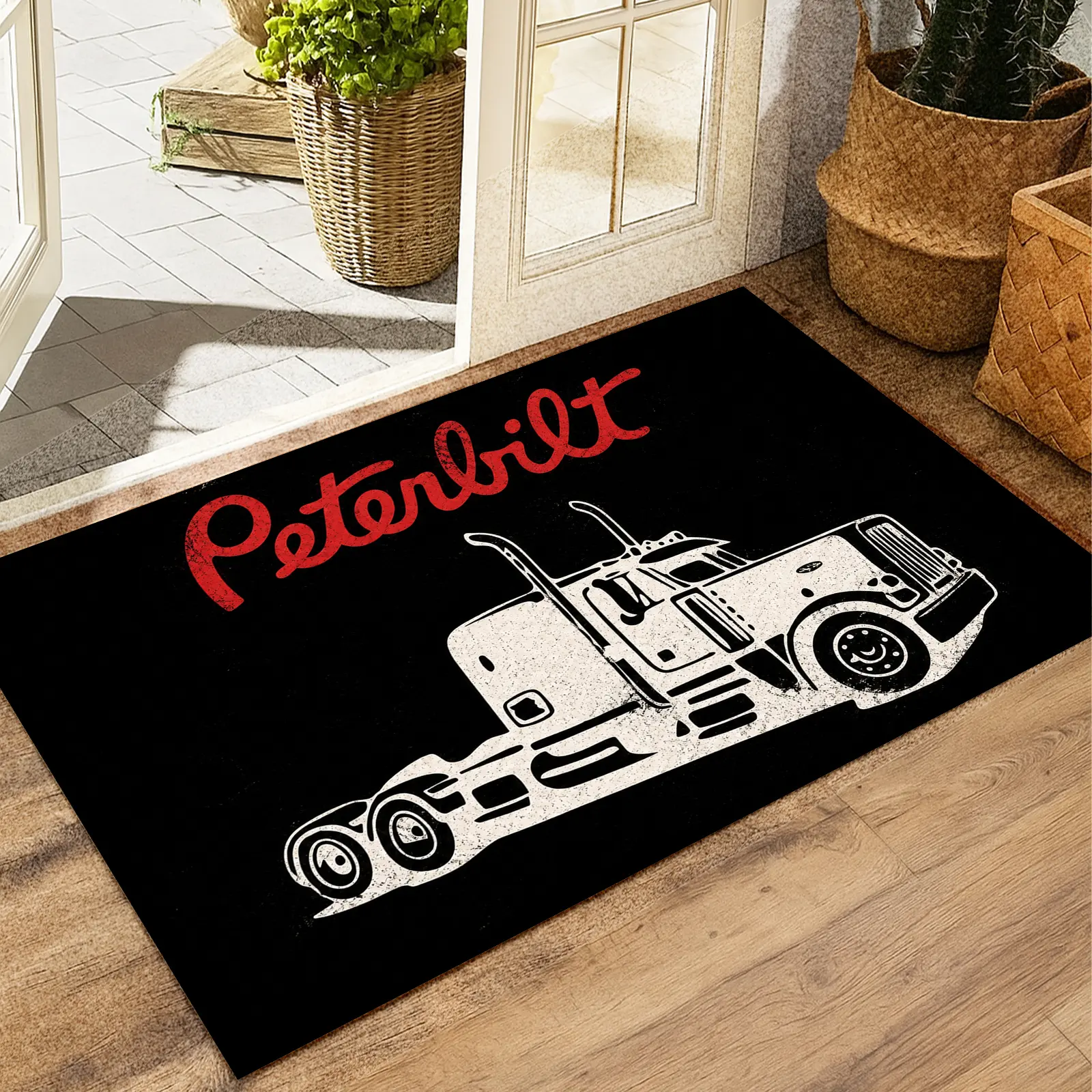 Vintage Peterbilt Truck Floor Mat, Retro Distressed Semi-Truck Print, Durable Non-Slip & Stain-Resistant Rug for Garage, Man Cave, Workshop & Truck Lovers
