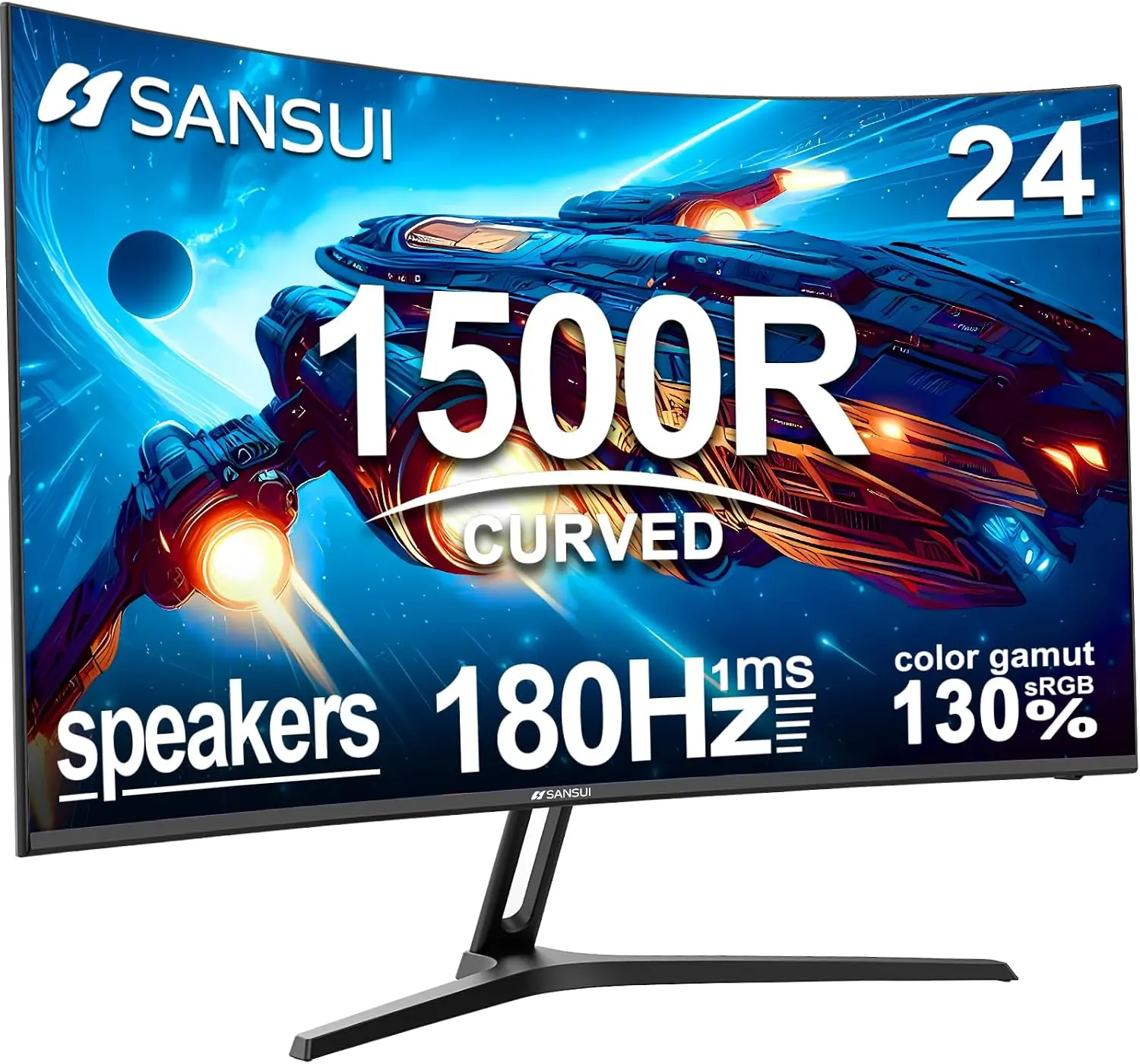 SANSUI 24-Inch Curved Gaming Monitor, 180Hz Refresh Rate, 1ms MPRT, FHD 1080P, 130% sRGB HDR, FreeSync, Built-in Speakers, HDMI/DP Ports, VESA Mount, Metal Stand (ES-G24C1, HDMI Cable Included)