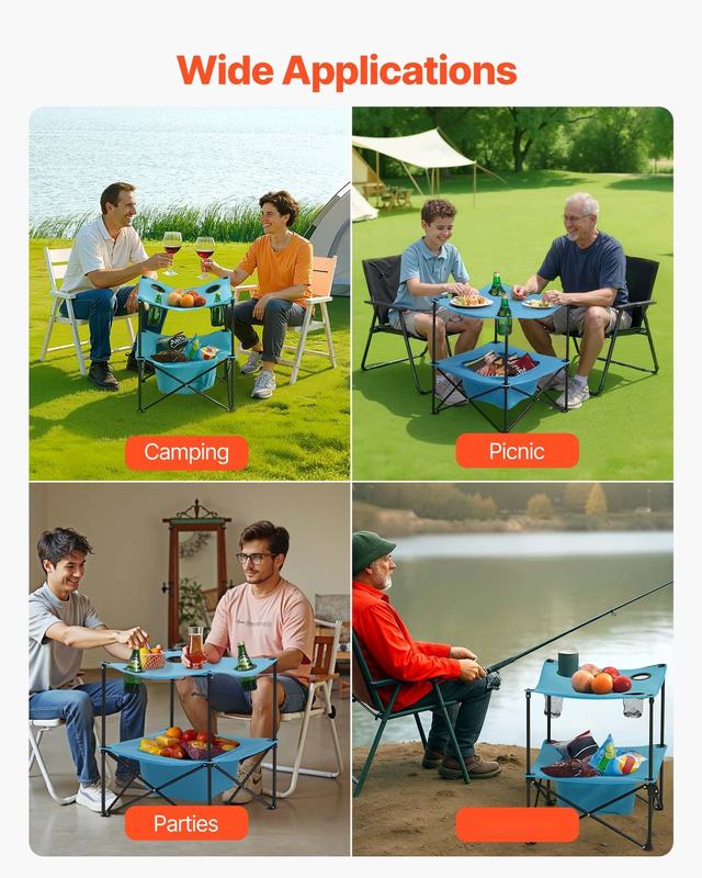 Folding Portable Camping Table With Oxford Cloth Top For Outdoor Picnics And Events, Square Table Design With 4 Cup Holders, Lightweight Foldable Picnic Desk, Sturdy Steel Frame, Non-Slip Feet, Easy Open And Close, Compact Storage