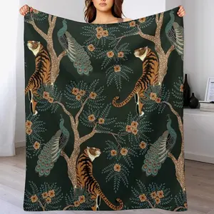Tiger and Peacock Fleece Throw Blanket Soft Cozy Fluffy Flannel Throws Blankets for Couch Bed Sofa Living Room Bedroom Home Decor, Lightweight Fuzzy Plush Blanket for All Season