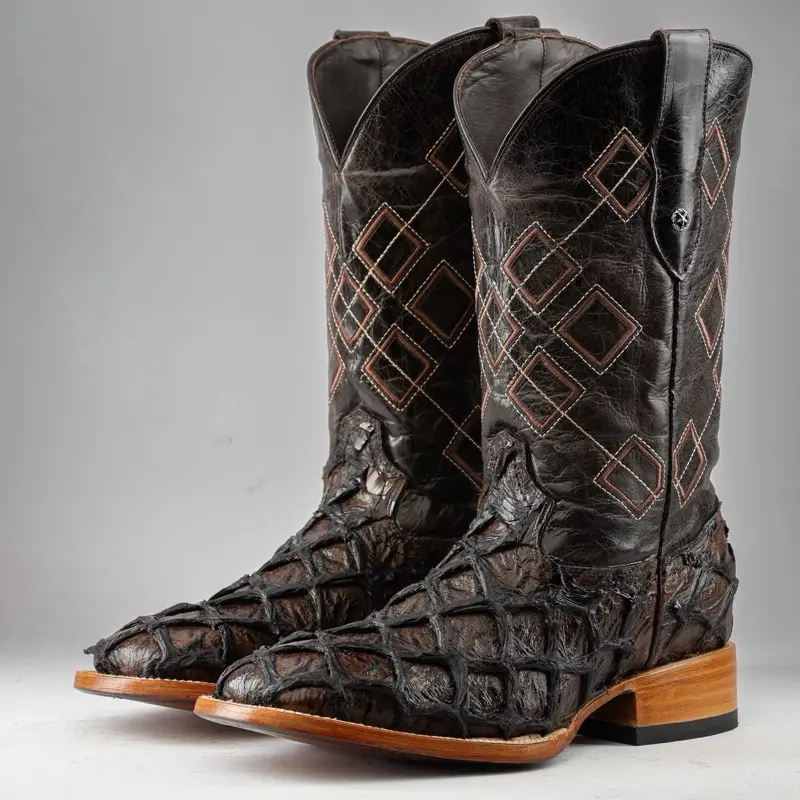Brown Jumbo Pirarucu Print Leather Boots - Square Toe