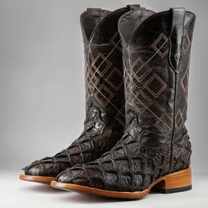 Brown Jumbo Pirarucu Print Leather Boots - Square Toe