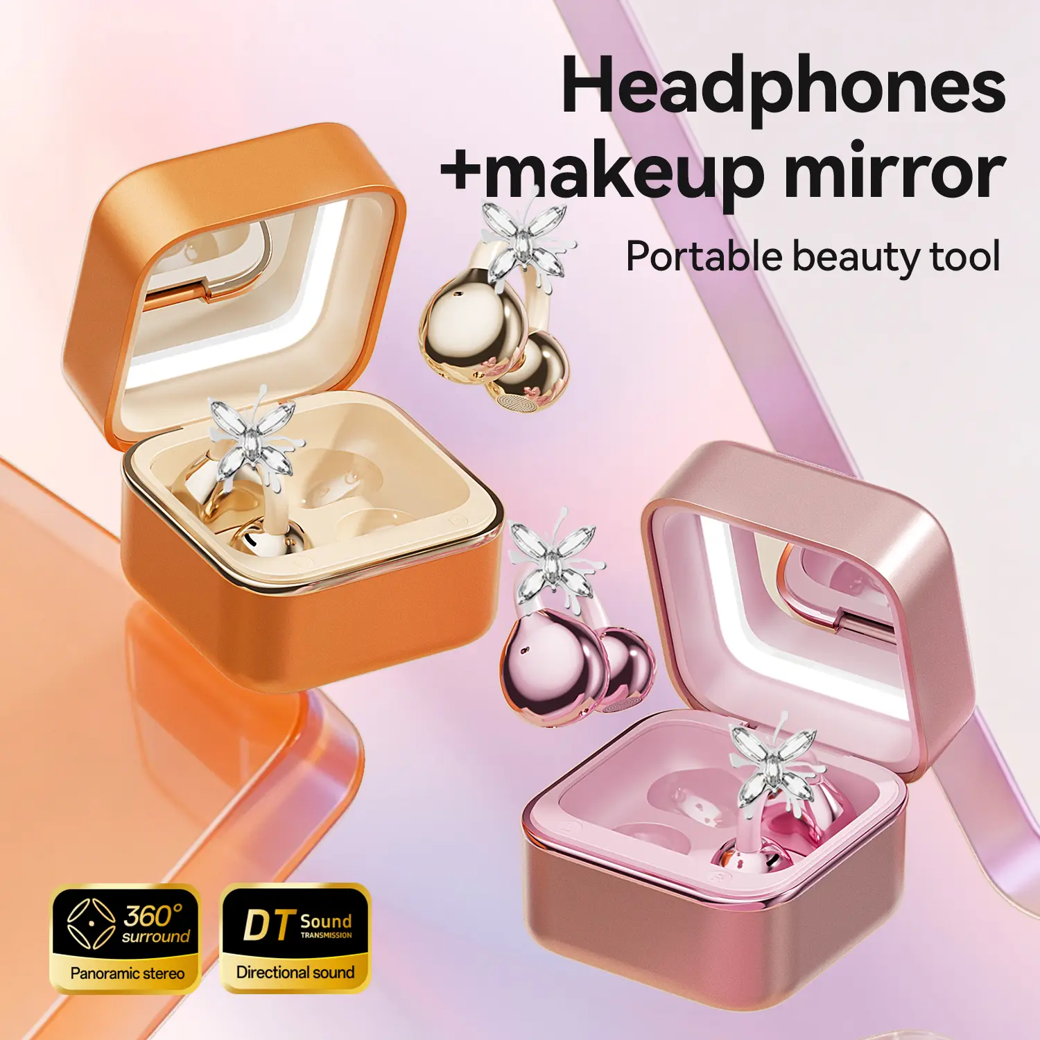 CHENRUIDA Mini Square Wireless Bluetooth Earphones  Features a built-in makeup mirror and fill light, portable makeup tool, 360° panoramic sound effect + active noise cancellation, soft silicone ear tips for comfortable wear, and extra-long battery life.