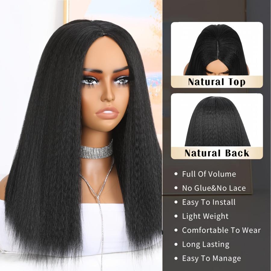 18-Inch Kinky Straight Black Bob Wig with Light Yaki Texture, Featuring a Density And a Middle Part, Perfect for Shoulder-Length Styles. Available in Synthetic Hair with Options in Black, Brown, Or Mixed Colors for Women