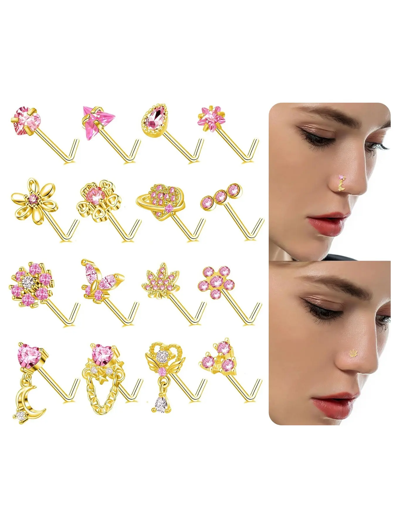 16Pcs Nose Rings L Shaped Nose Stud Stainless Steel Butterfly Flower Leaf Heart Moon Dangle Nose Stud Ring Body Piercing Pierced Jewelry for Women Men 20G Pink Blue Clear CZ Body Piercings Set Nose Rings Studs Body Jewellery