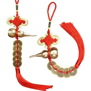 Pure Copper Gourd Feng Shui Decor - Five Emperor Coins & Chinese Knot for Wealth Protection, Home Car Office Good Luck Gift.(2)