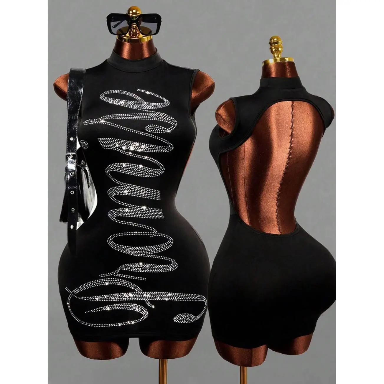 Lumina x Mistrie Women's Letter Rhinestone Halter Neck Backless Sexy Date Party Dress