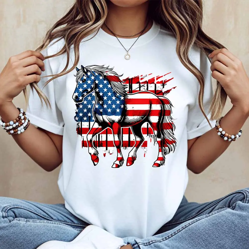 American Flag Horse Print T Shirt Women Casual Short Sleeve Round Neck Top Fashion Graphic Tee Summer Outfit