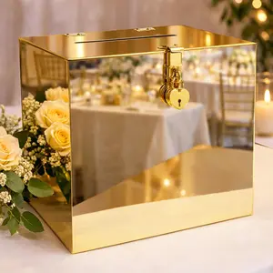 Mirror Wedding Card Box with Heart Lock, DIY Card Box with Stickers for Parties, Graduations & Special Events, 10x10x5.5 in