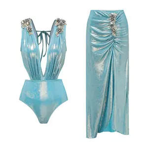 Swimsuit New Deep V Heavy Industry Solid Color Glossy One-piece Swimsuit Set for Women,