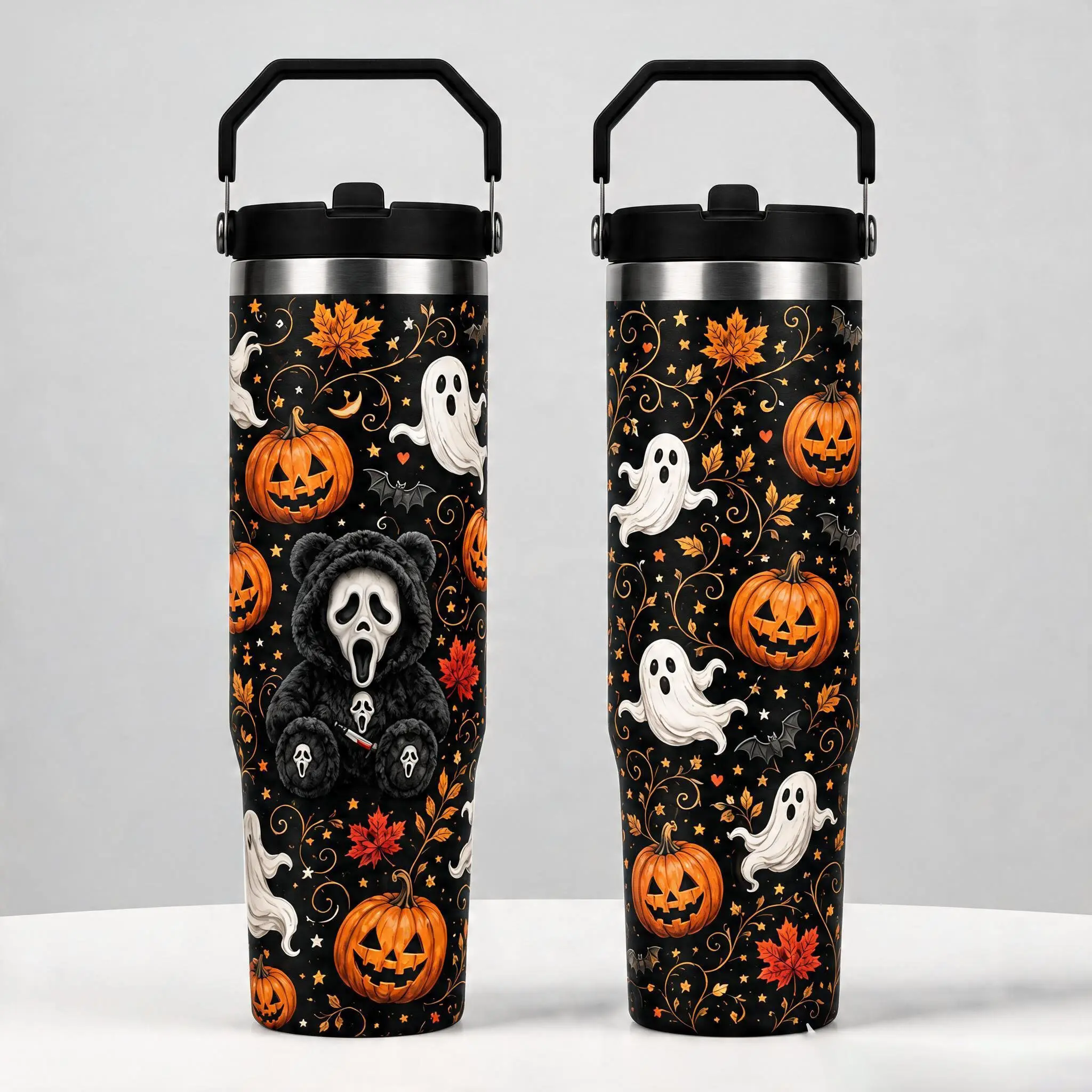 30oz Stainless Steel Insulated Halloween Ghost Tumbler with Handle, Lid, Straw - Spooky Pumpkin Drinkware, Halloween Gift for Women, Insulation